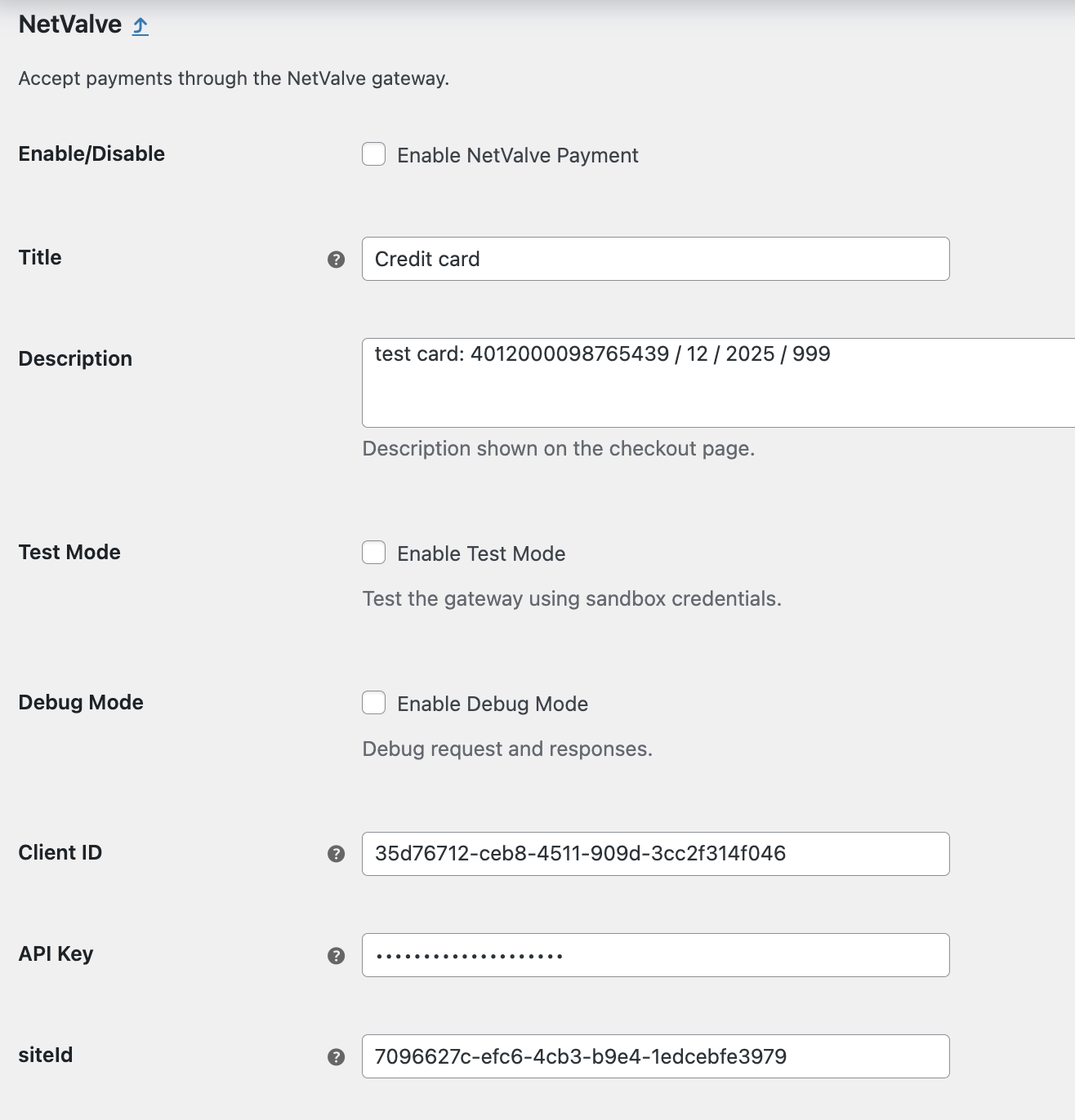 WP - Netvalve Payment Gateway plugin settings